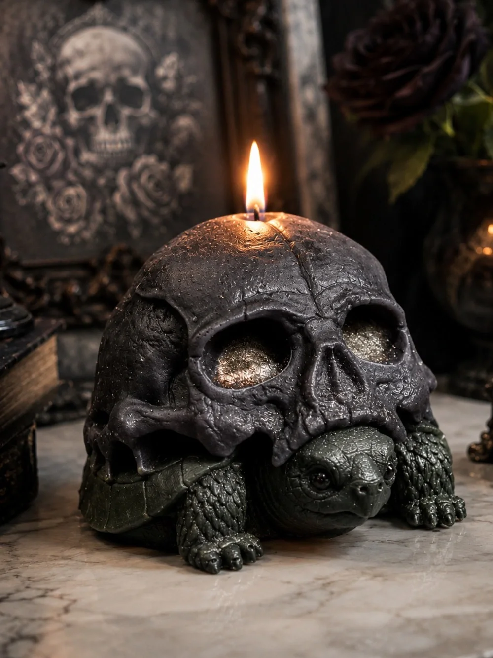 Set of 3 Halloween Skull Turtle Decorative Candle - Gray Green - Handmade